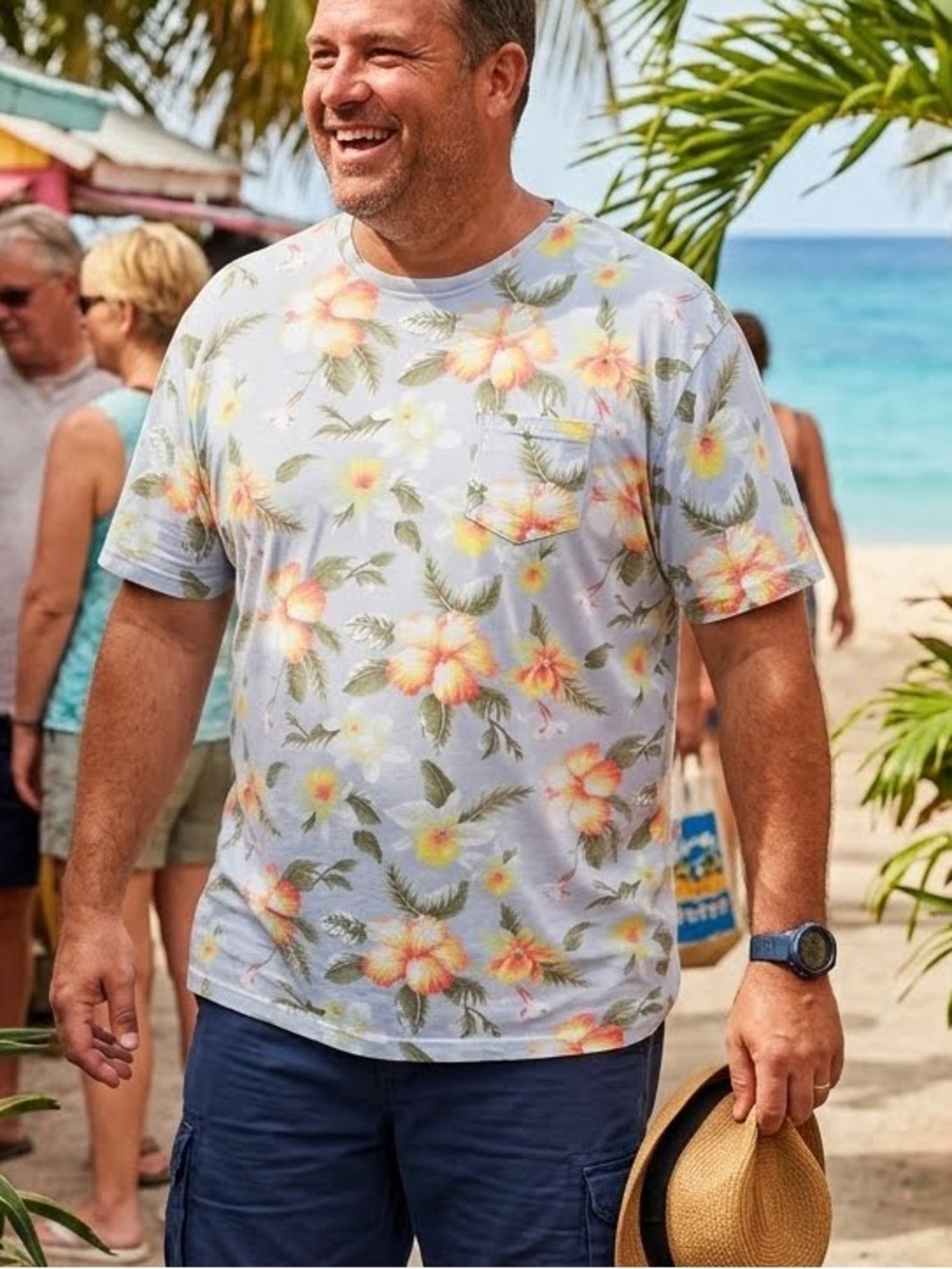 4/$25 • Retrofit Tropical Floral Pocket Tee in Light Blue